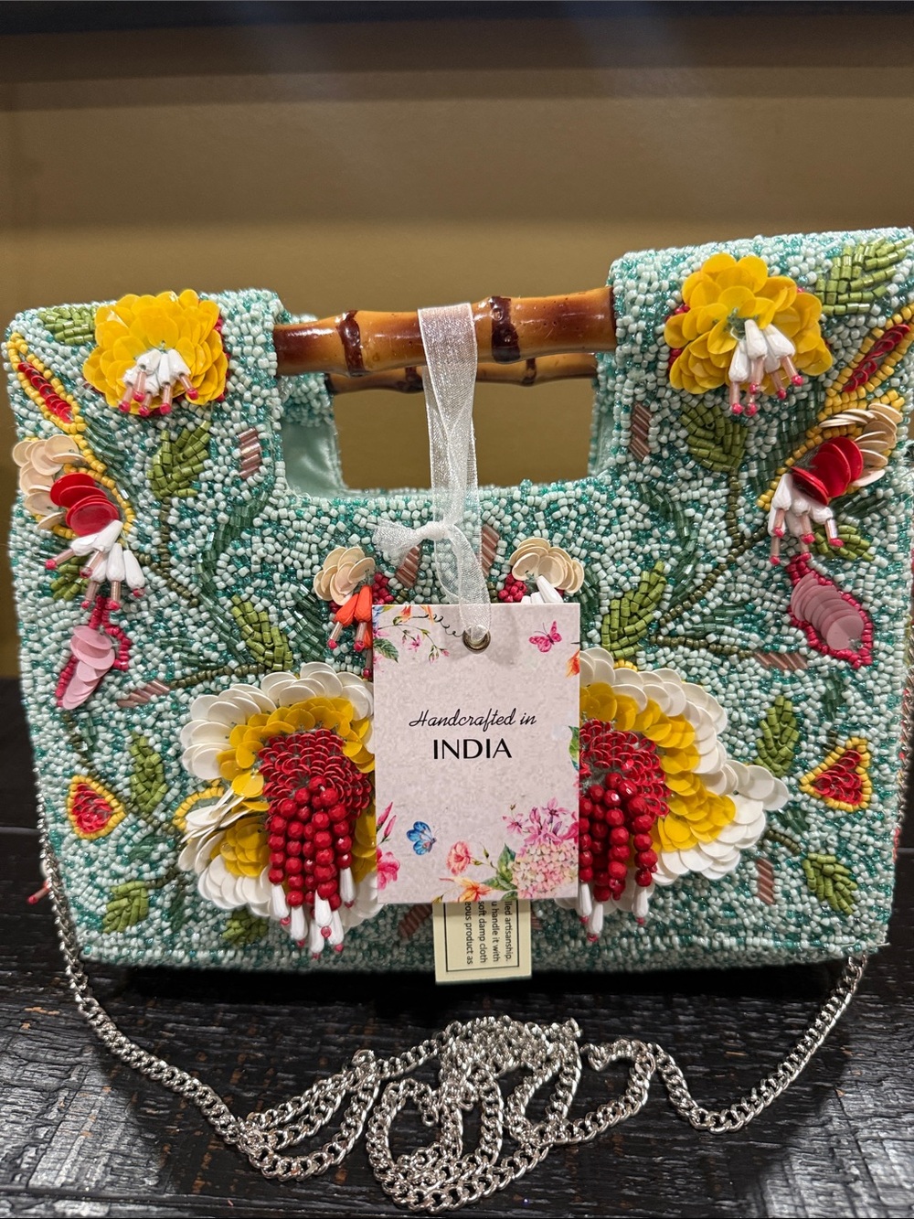 Handcrafted Beaded Floral Clutch - Aqua with Yellow & Red Accents